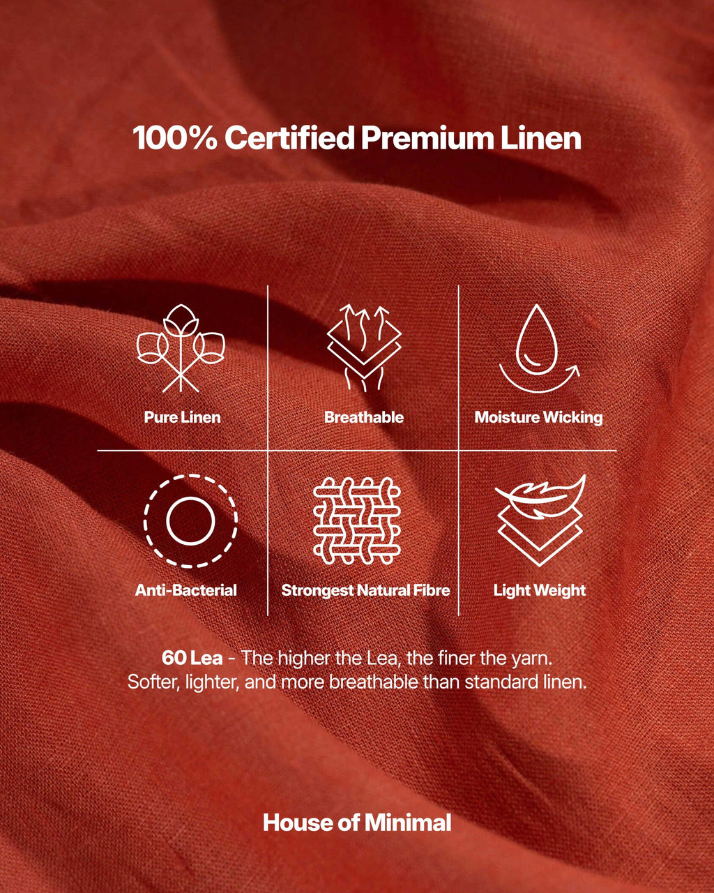Red linen fabric with certification icons and text about linen properties on a red background.