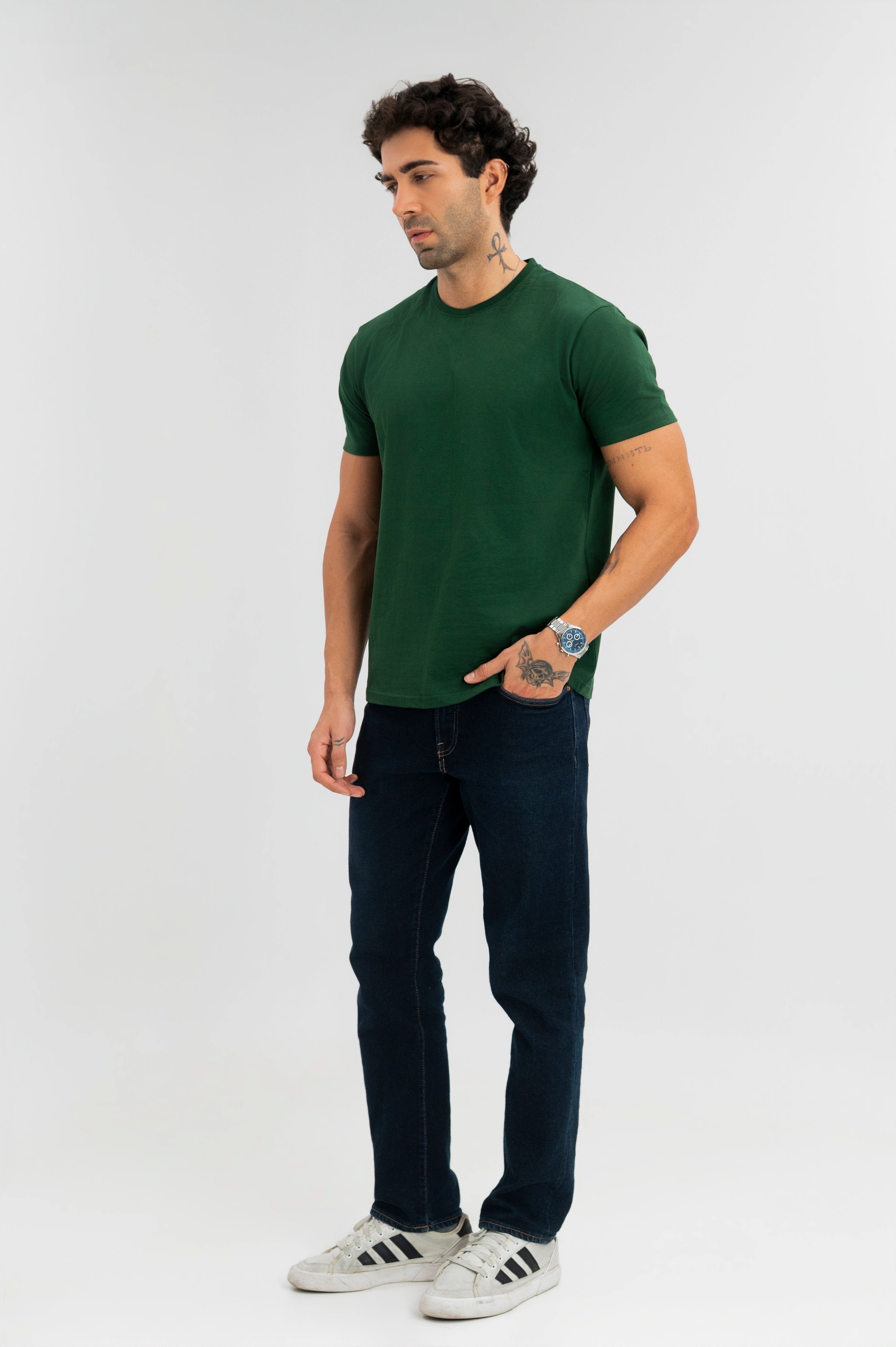 Dark Green - Pure Cotton Round Neck Tshirt